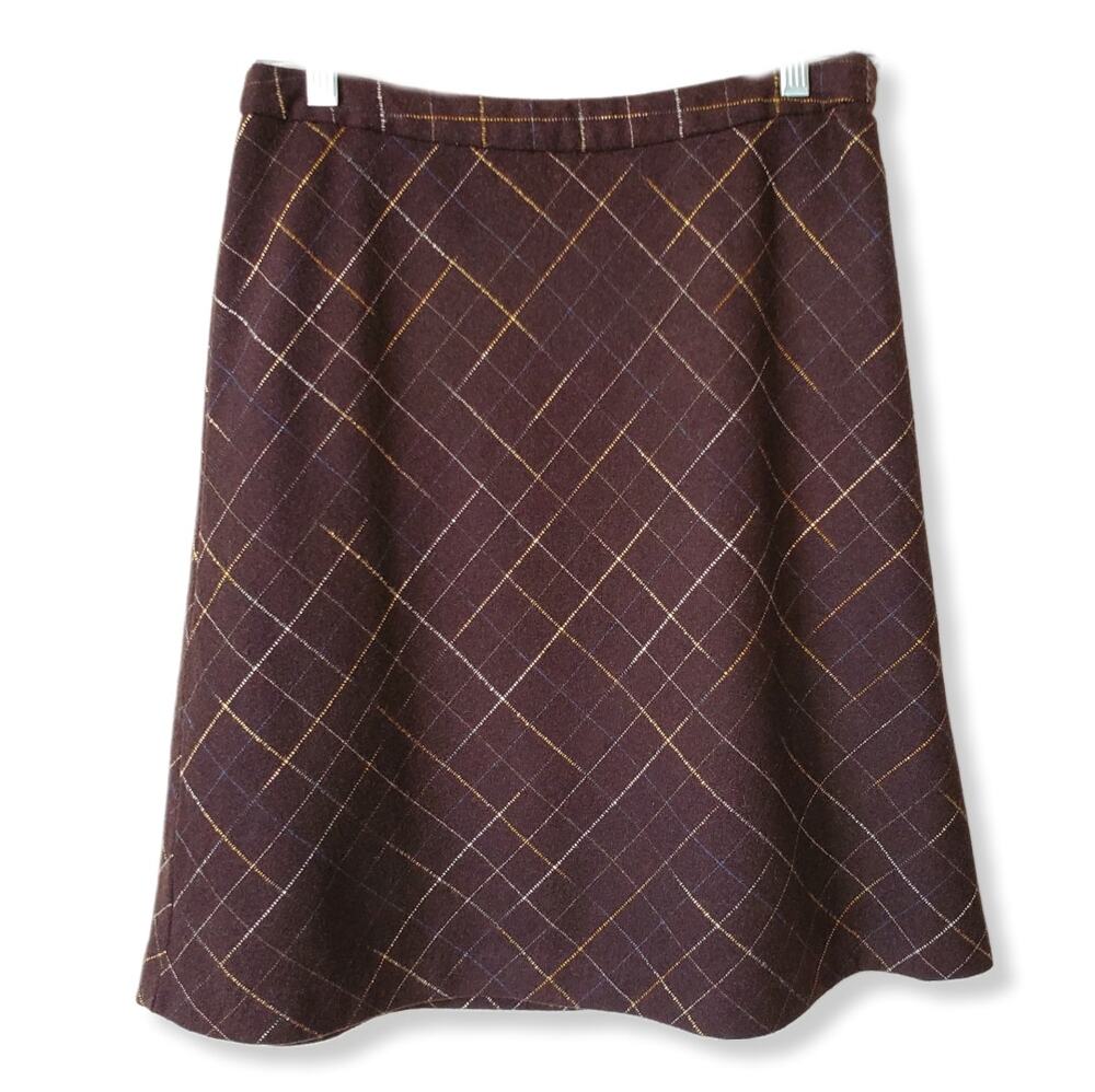 VTG Y2K Brown Wool Plaid Knee Skirt 6 Academia Rory Gilmore Preppy Prep School